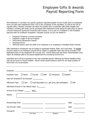 employee awards payroll reporting form