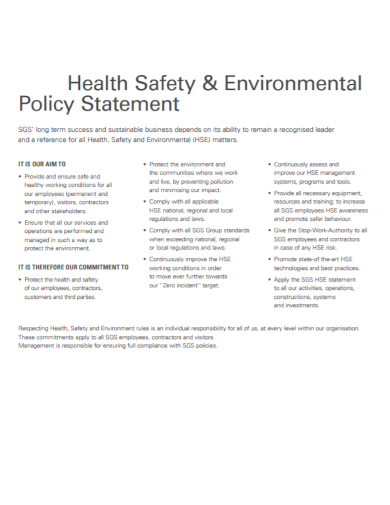 environmental health and safety policy statement