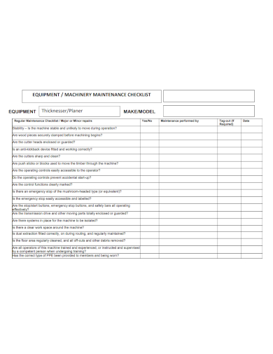 equipment machinery maintenance checklist