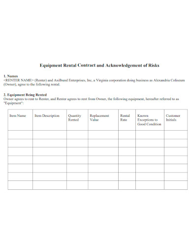 equipment rental contract and acknowledgement