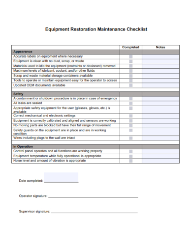 equipment restoration maintenance checklist