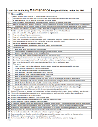 facility maintenance responsibility checklist