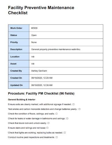 facility preventive maintenance checklist
