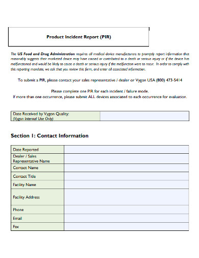 food product incident report