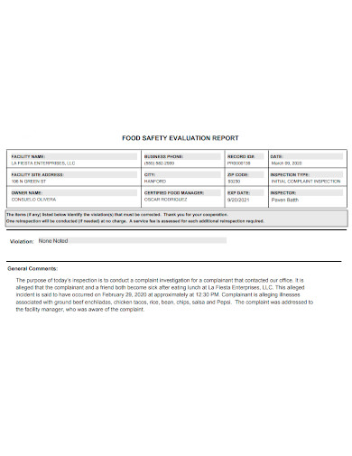 food safety evaluation report