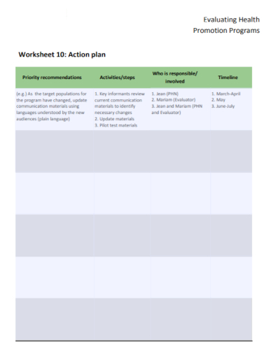 health action plan worksheet