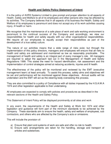 health and safety policy statement of intent