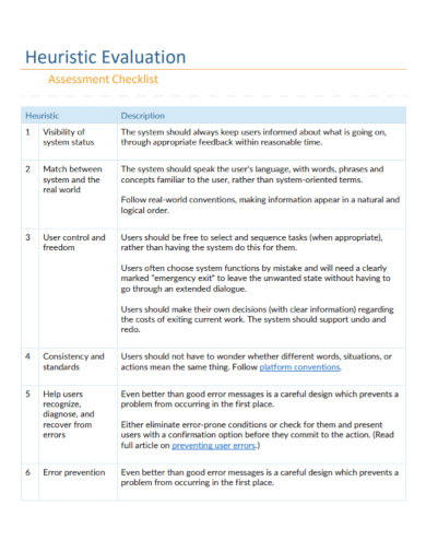 heuristic evaluation assessment checklist