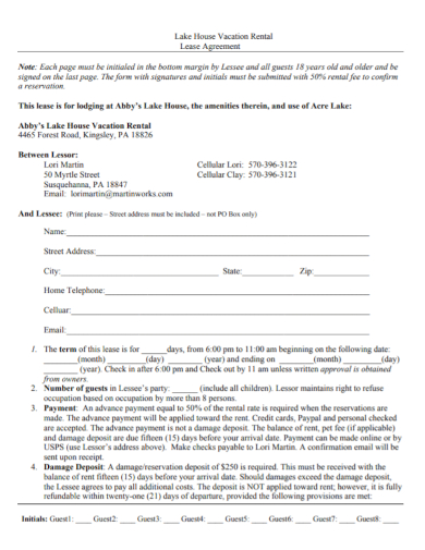 house vacation rental lease agreement