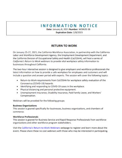 information notice of return to work