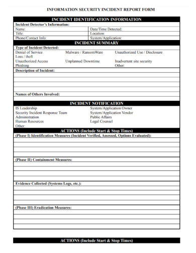 information security incident response report form