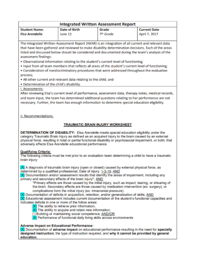 integrated written student assessment report