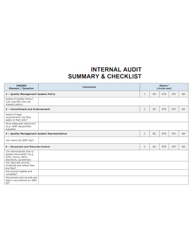internal audit summary checklist