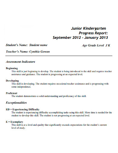 FREE 10 Kindergarten Progress Report Samples Mid Year Weekly Student 