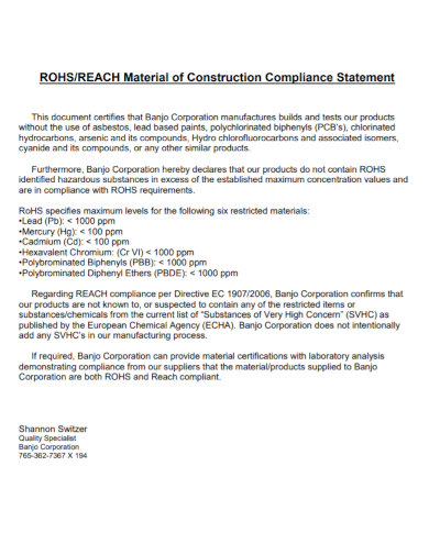 material construction compliance statement