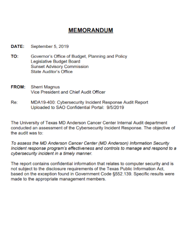 memorandum for incident response audit report