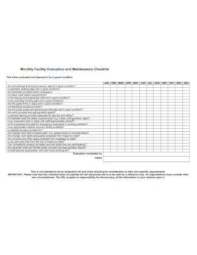 monthly facility evaluation maintenance checklist
