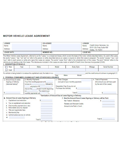 motor vehicle lease agreement form