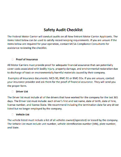 motor vehicle safety audit checklist