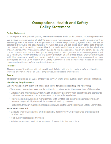 occupational health and safety policy statement