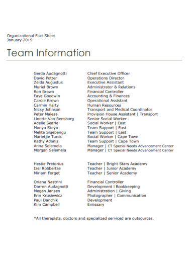organizational team information fact sheet
