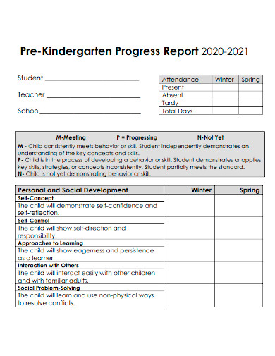 pre kindergarten progress report