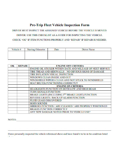 pre trip fleet vehicle inspection form sample