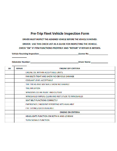pre trip fleet vehicle inspection form