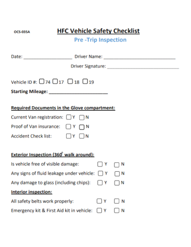 pre trip vehicle safety checklist inspection