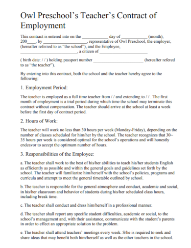 preschool teacher employment contract