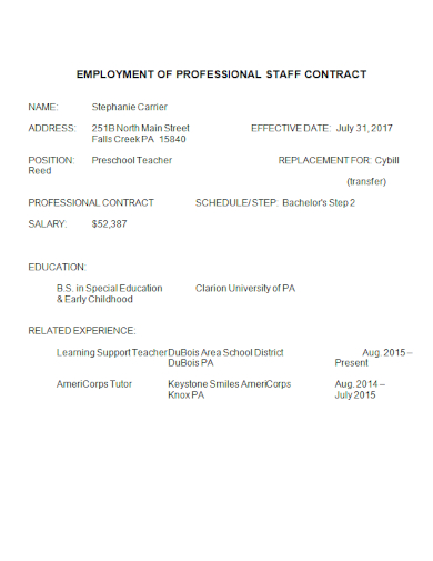 preschool teacher professional contract