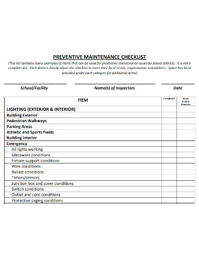preventive maintenance checklist sample