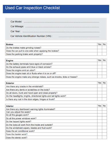printable used car inspection checklist