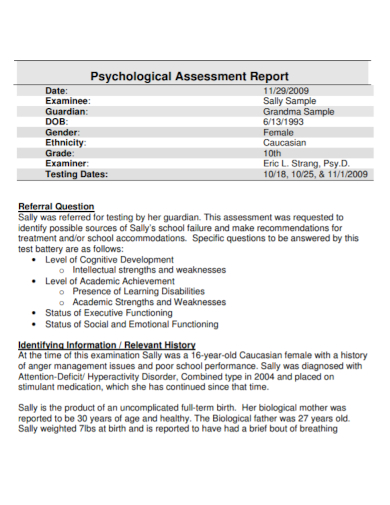 psychological assessment history report