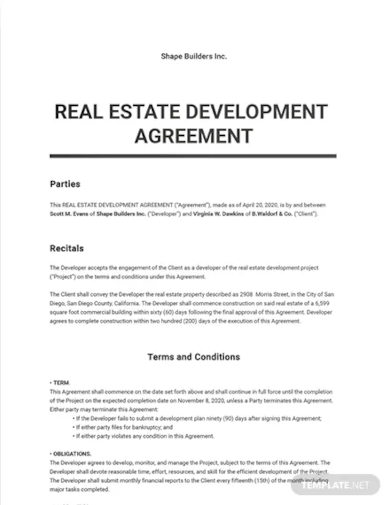 real estate development agreement template