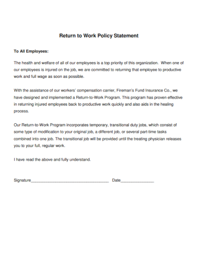 return to work policy statement