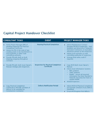 sample capital project handover checklist