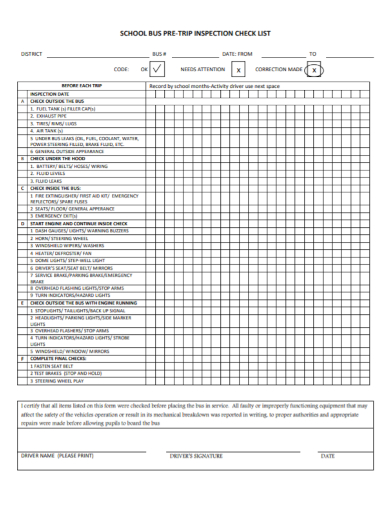 school bus pre trip inspection checklist