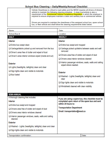 school vehicle cleaning inspection checklist