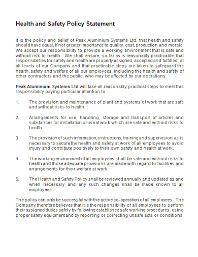 standard health and safety policy statement