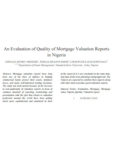 standard mortgage valuation report