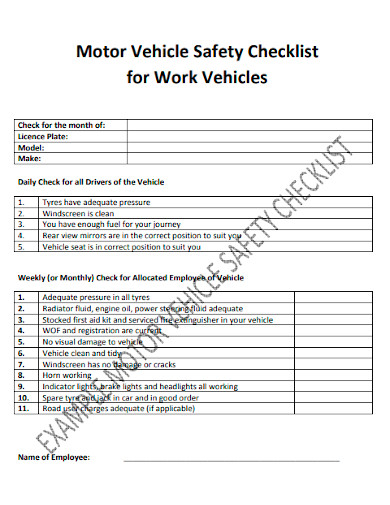 standard motor vehicle safety checklist