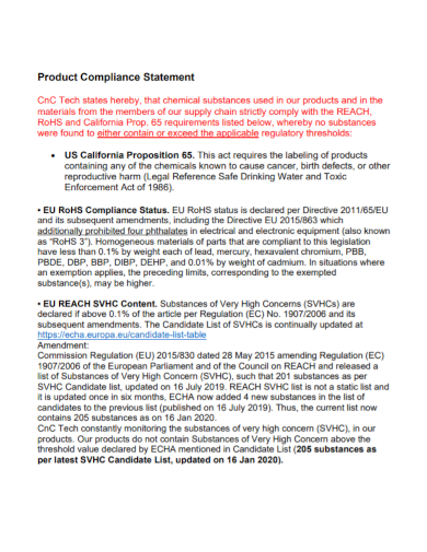 standard product compliance statement