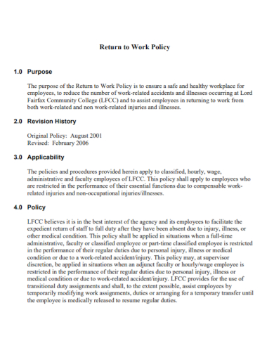 standard return to work policy