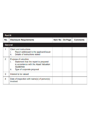 standard valuation report checklist