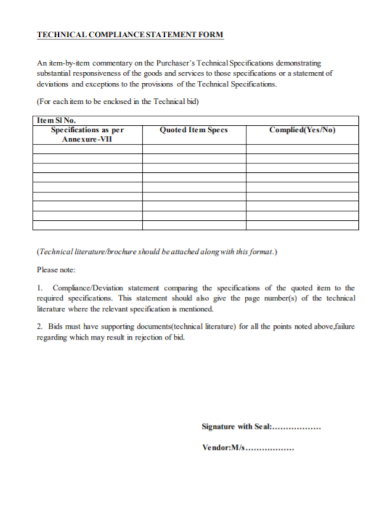 technical compliance statement form