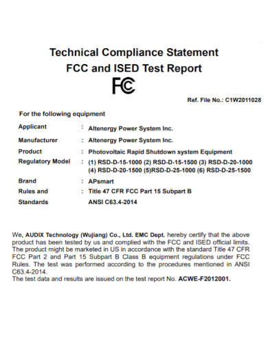 technical compliance statement test report