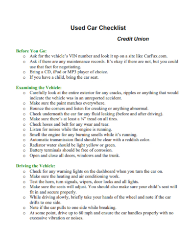used car credit union checklist