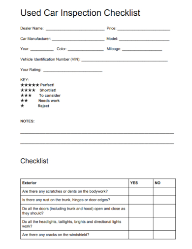 used car dealer inspection checklist