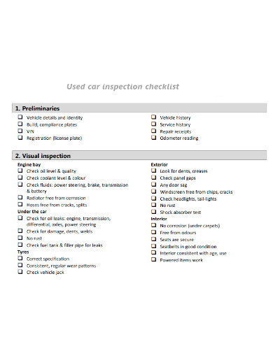 used car inspection checklist sample